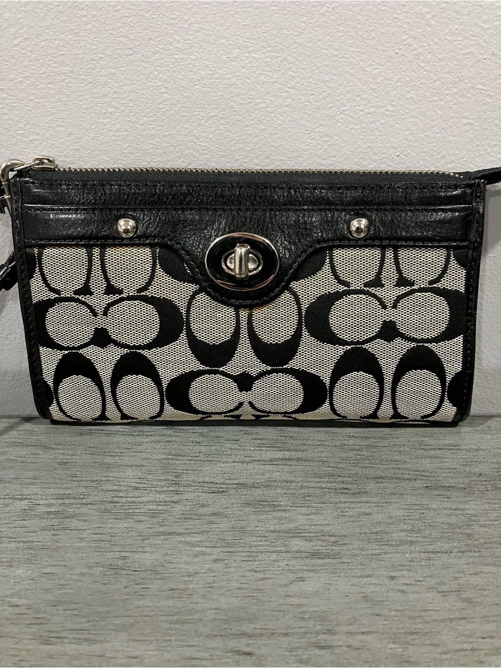 Coach Black & Cream Signature Canvas Turnlock Wristlet